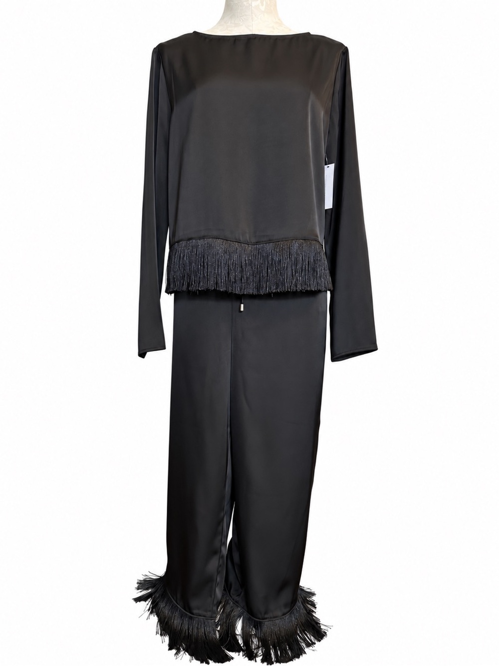 NWT Cupcakes and Cashmere Black Satin Fringe Top & Pants Set Size L